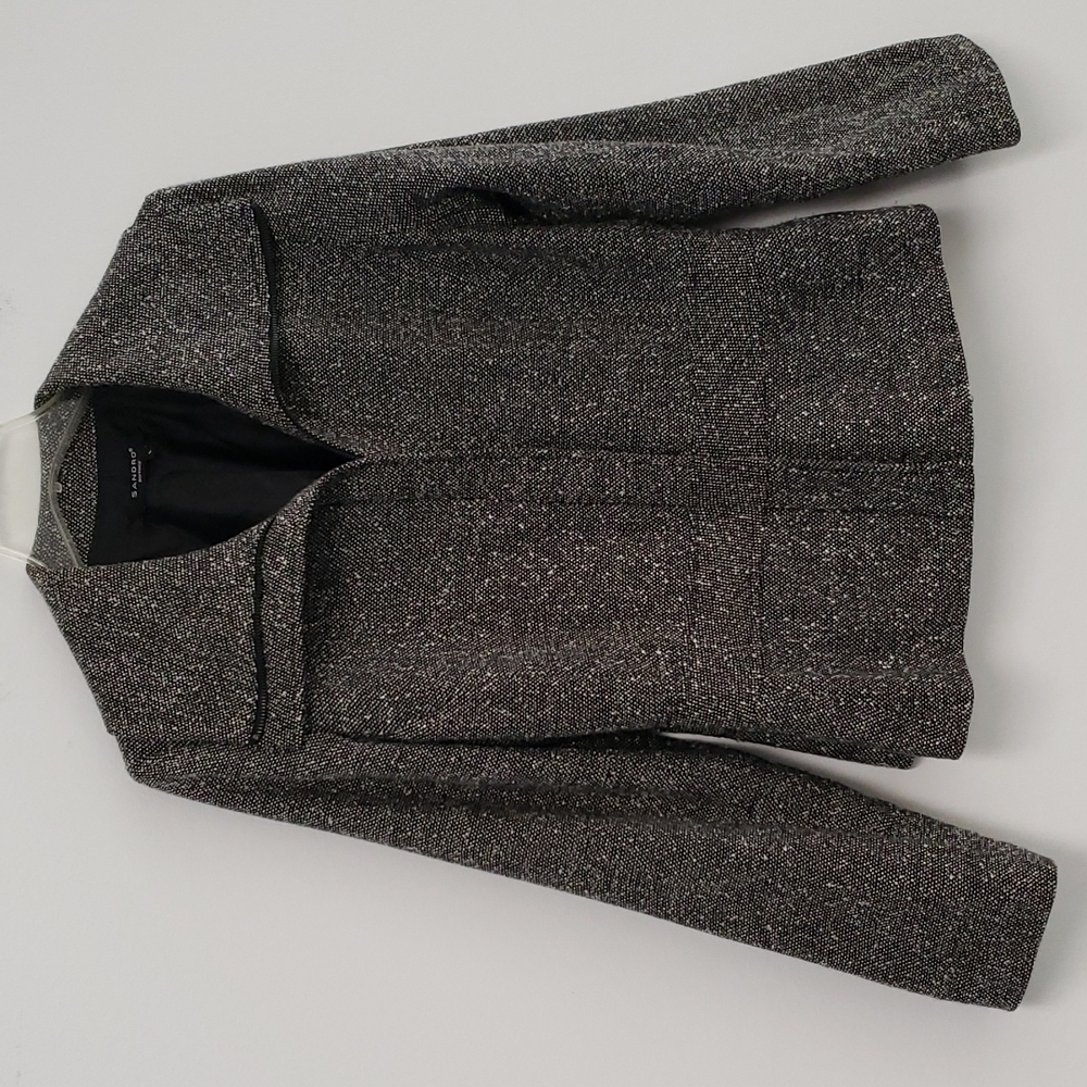 Sandro Tweed Blazer Zippered Jacket Quiet Luxury Funnel Neck‎ Size Large